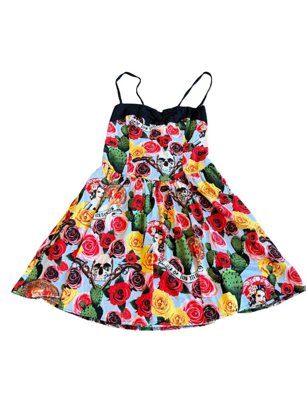 Hell Bunny Black Red Floral Skull Cactus Novelty Mini Dress Skater Large Women's